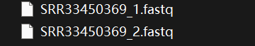 双端 FASTQ 文件示例：SRR33450369_1.fastq 与 SRR33450369_2.fastq。